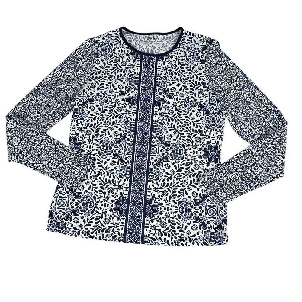Lands' End Long Sleeve Swim Rash Guard Deep Sea Mixed Medallion size Small